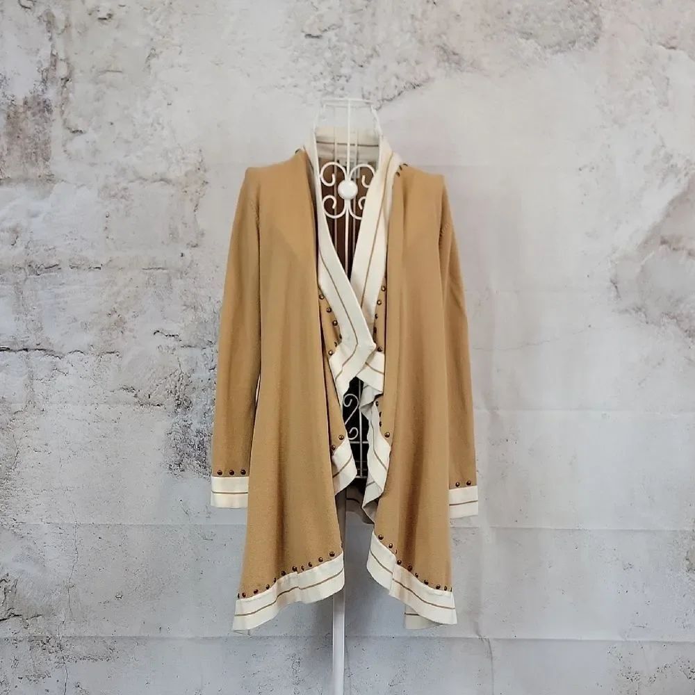 Boston Proper Cashmere Blend Tan and Cream Open Front Cardigan Womens Size M